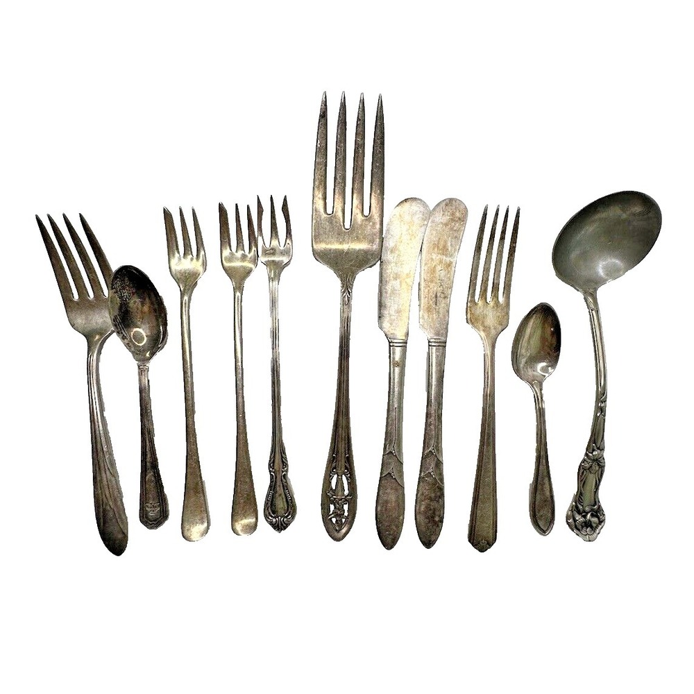 Silver Plated Flatware Lot Ladle Meat Fork Cocktail Butter Knife Spoon 11 pc VTG